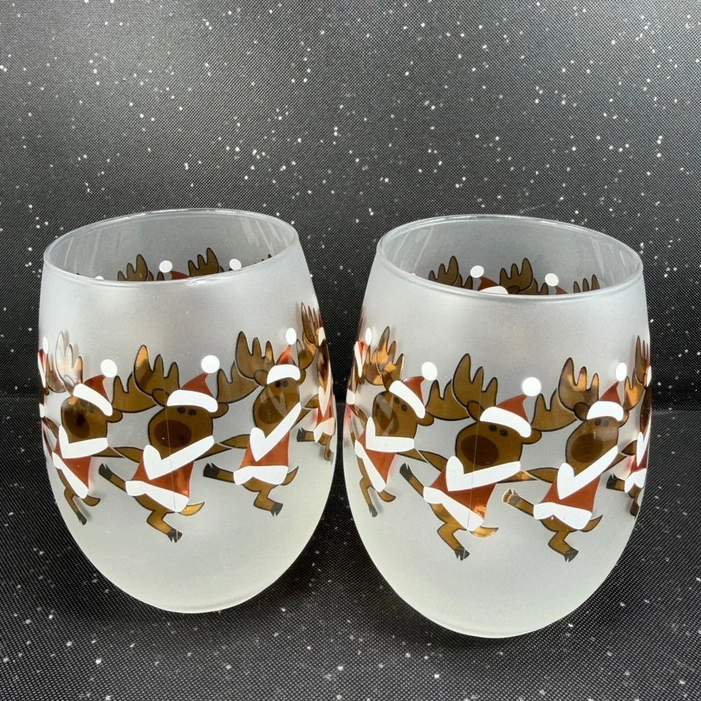 Culver Ltd Frosted Stemless Wine Glasses Dancing Reindeer Christmas Set of 2